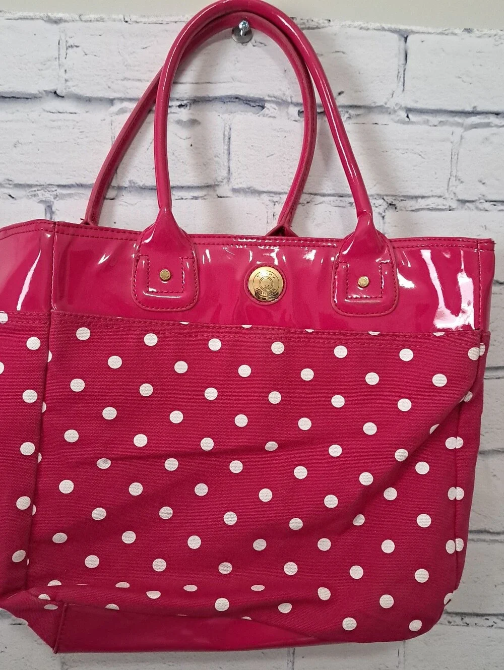 Tommy Hillfiger Pink And White Polka Dot Canvas Tote Bag